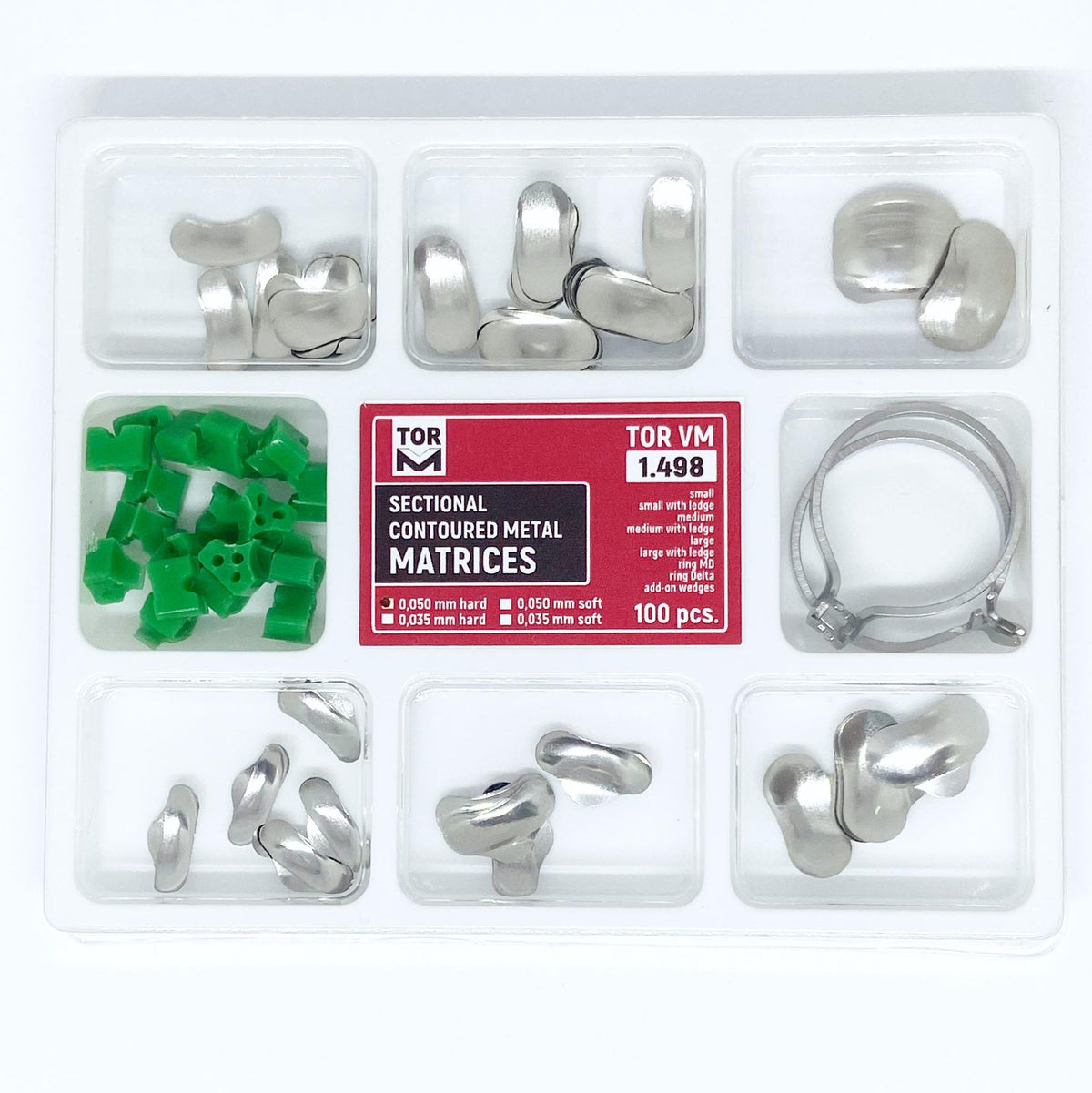 TOR VM Dental Universal Set of Sectional Contoured Matrices 100pcs, Rings 2pcs and Add-Ons 20pcs – Professional Matrix System & Restorative Tool