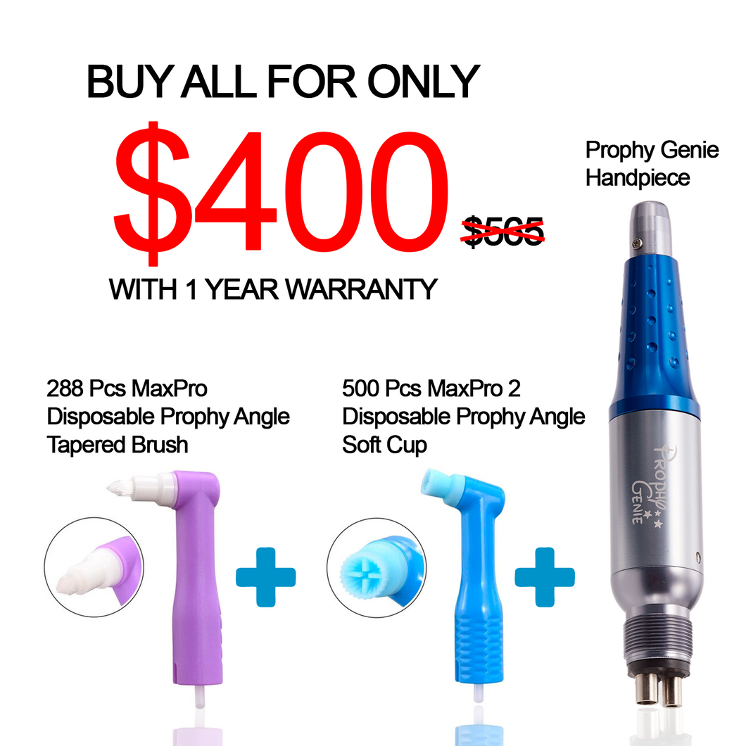 Get Prophy Genie, 288 MaxPro Disposable Angles Tappered Brush and 500 Max Pro 2 Disposable angles Soft Cup for only $400