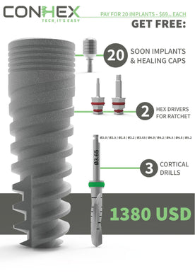 Conhex Black Friday Implant bundle deal! 20 Implants 20 Healing caps 2 Hex drivers and 3 cortical drills