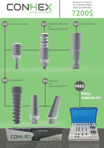 Conhex Black Friday Implant bundle deal Free Full Surgical Kit! 60 Implants 60 Healing caps 60 transfer 60 analog and 60 abutments